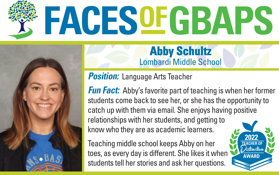 greenbayschools's tweet photo. Abby Schultz is an 8th grade language arts teacher at Lombardi Middle School. She has been teaching for 10 years, and this year she was named a 2022 Teacher of Distinction. #FacesofGBAPS #GBAPSProud  https://t.co/POzgKysC7M https://t.co/3mykm0PpIJ