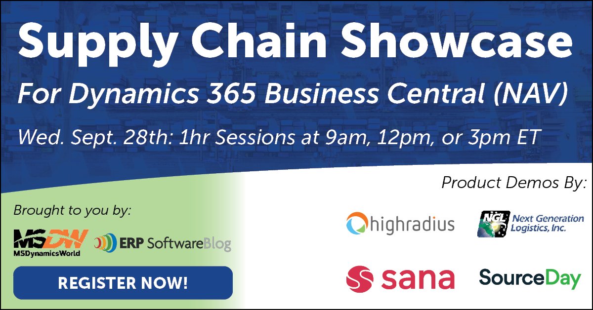 CRMSoftwareBlog's tweet photo. Our Supply Chain Showcase wouldn't be possible without the support of our Sponsors!

A big thank you to @HighRadius , @next_logistics, @sanacommerce , and @SourceDay 

https://t.co/XKbRC99cnG 

#d365 #microsoftdynamics365 #msdyn365 #dynamics365 #msdyn365bc #msdynnav #supplychain https://t.co/XRP9kLSy6i