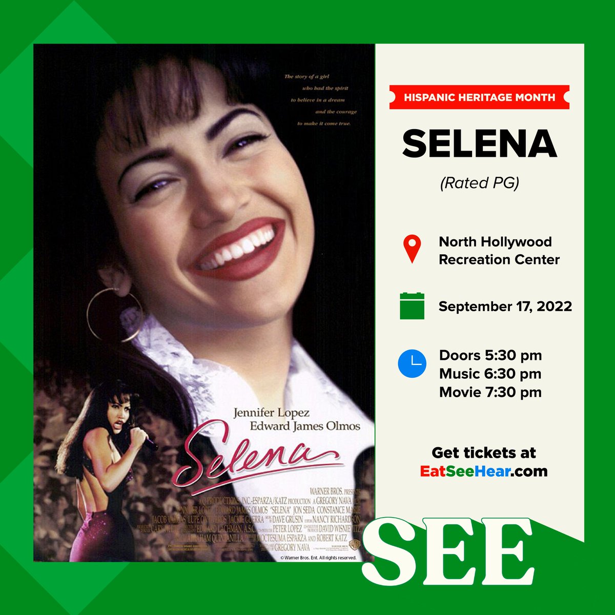 Who is ready for some Bidi Bidi Bom Bom!? In celebration of Hispanic Heritage Month, join us on September 17th for a special screening of Selena! 

Plus, a special pop up from @Tajinusa and more! Presented by @SHOWTIME.

TICKETS: eventbrite.com/e/eat-see-hear…
