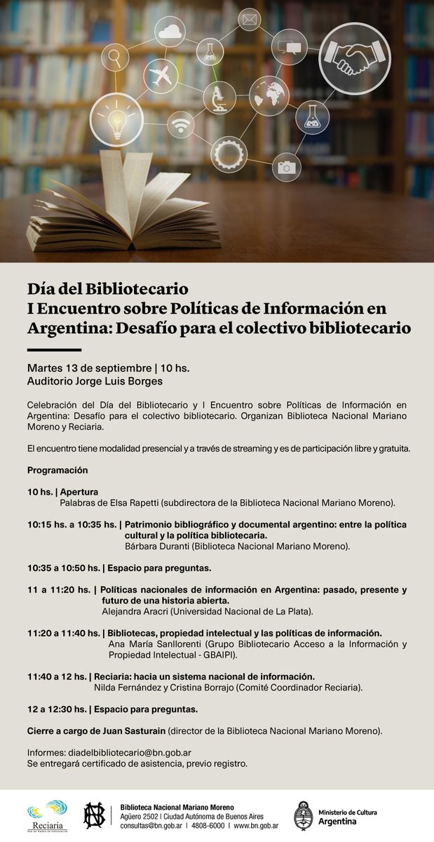 BNMMArgentina's tweet photo. #Eventos | El 13 de septiembre, en el marco del Día del Bibliotecario, tendrá lugar en el auditorio Jorge Luis Borges el “I Encuentro sobre Políticas de Información en Argentina: Desafío para el colectivo bibliotecario.”  
+ Información e inscripción: https://t.co/qv7Iio6wYJ https://t.co/9A9tx1qicT