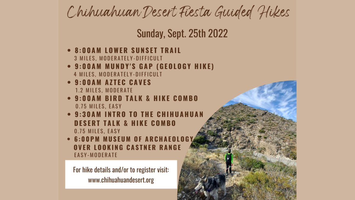 Check out Frontera's upcoming September events! 🗓
Join us for an evening hike at Lost Dog 🥾🐶, volunteer with our friends at Bodega Loya 👨‍🌾👩‍🌾, and/or join an easy walk about @castnerrange during this year's Chihuahuan Desert Fiesta 🌄!!