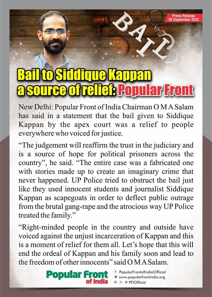 PFIOfficial's tweet photo. Bail to Siddique Kappan a source of relief: Popular Front
#ReleaseAllPoliticalPrisoners #PopularFrontOfIndia #SiddiqueKappan https://t.co/cc7K9CFeqY