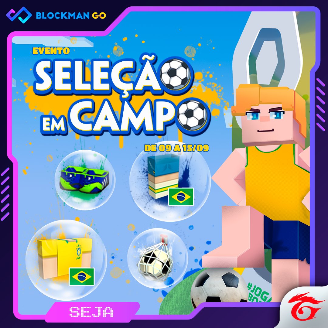 BlockmanGOBR's tweet photo. Participe do esquenta para a Copa!🏆
 
Faça login no Garena Blockman GO para ganhar o uniforme do Brasil, uma chuteira e uma bola de futebol!🇧🇷
 
Chegou sua hora de fazer parte do time brasileiro!🎉 https://t.co/VohhaTA6S3