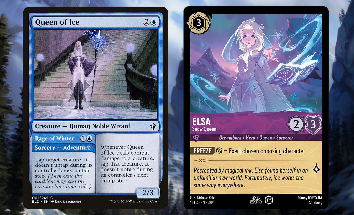 Left: MTG card from 2019 Right: Lorecana card from this week Both 3 drops, both 2/3s, both have the same basic effect. Either a cheeky homage by Disney or a WILD coincidence. Left: MTG card from 2019 Right: Lorecana card from this week Both 3 drops, both 2/3s, both have the same basic effect. Either a cheeky homage by Disney or a WILD coincidence.
