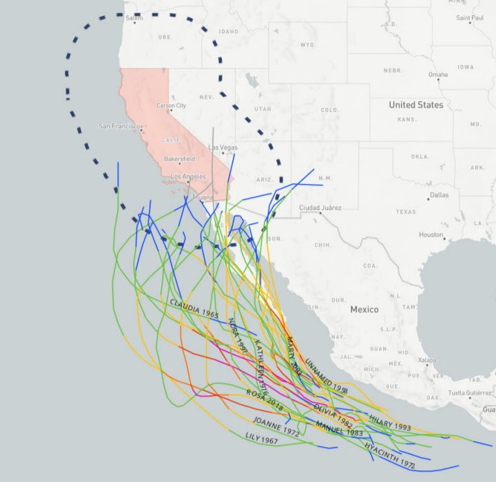 Tropical Storm Kay is just 100mi from California. In the past 71 years there's only been 29 TCs (including depressions) that have even been within 200 miles. Definitely a rare event that is bringing some potentially dangerous flooding rain to the San Diego area.