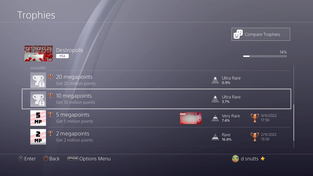 MrDDart1's tweet photo. In the 7.4% club already,top two trophies are 0.0! Any fans of #Destropolis out there? Great budget game #PS4share https://t.co/eZBEyJa3Uk