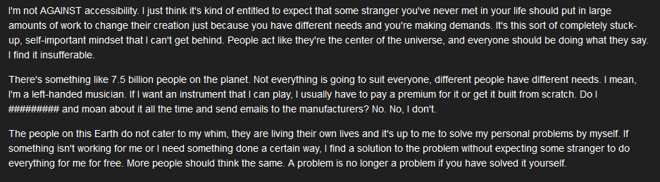 DbdForum's tweet photo. How dare disabled people want to experience a video game in the same way as everyone else, they're just so entitled and self-centered to want to feel normal. https://t.co/DykEcARMN1