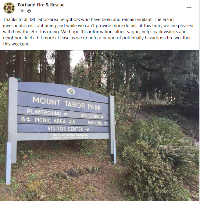 NWurban's tweet photo. @BikePortland This post from Portland Fire and Rescue from last night hints that their investigation has somehow reduced the arson risk. I assume they'll address that at the meeting tonight. https://t.co/gZJXkiBdKI