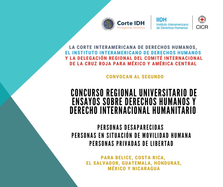 📣 Te invitamos a participar en el segundo concurso regional universitario de ensayos sobre #DerechosHumanos y #DIH.

📝 Ejes temáticos: personas desaparecidas, personas en situación de movilidad humana y personas privadas de libertad.

Convocatoria 👉 bit.ly/3TWXLha