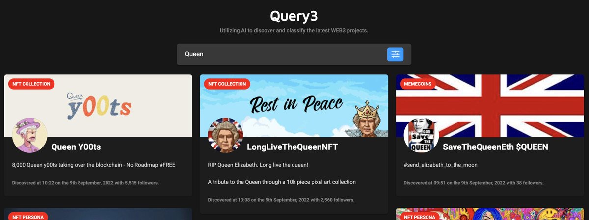 UseQuery's tweet photo. Recently created "Queen" NFT related projects which Query3 has already discovered and classified.

Use Query3 for free today: https://t.co/CzD9zrATCk https://t.co/OJ24HUSxCl
