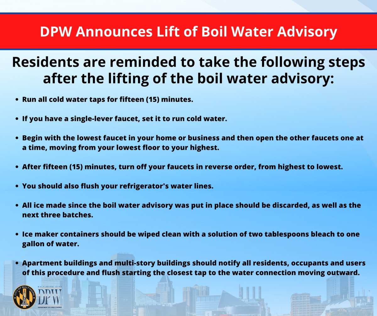BaltimoreDPW's tweet "As the boil water advisory is lifted, residents