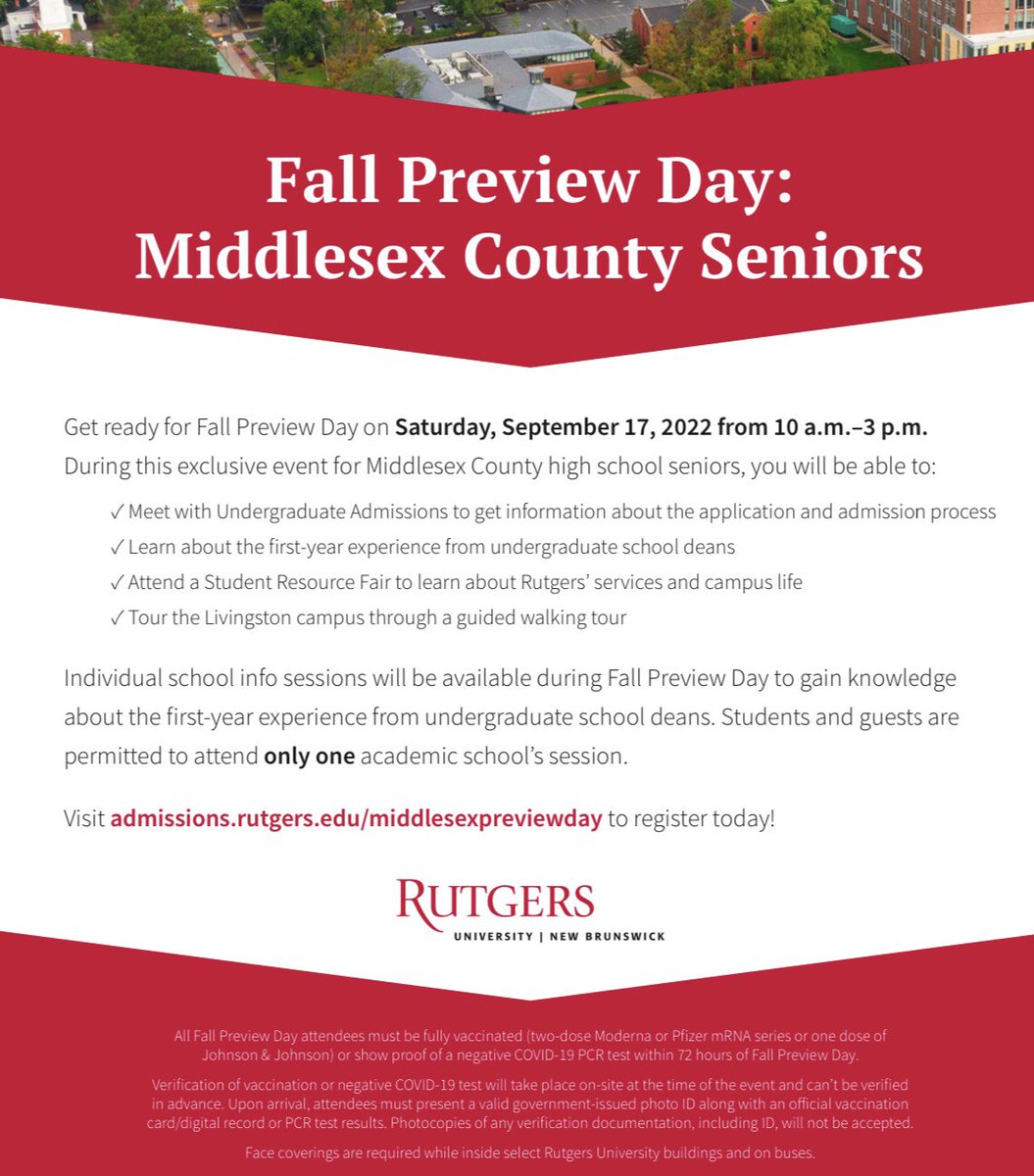 Rutgers Fall Preview Day coming up soon! Saturday, 9/17 for HS seniors in Middlesex County. Register here: admissions.rutgers.edu/middlesexprevi…