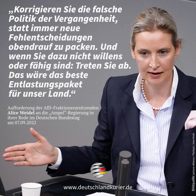 Alice Weidel, AfD, hat eine knallharte aber äußerst qualifizierte Rede zur Regierungspolitik gehalten, die eigentlich Friedrich Merz hätte halten müssen.
Aber dazu ist Merz nicht in der Lage...