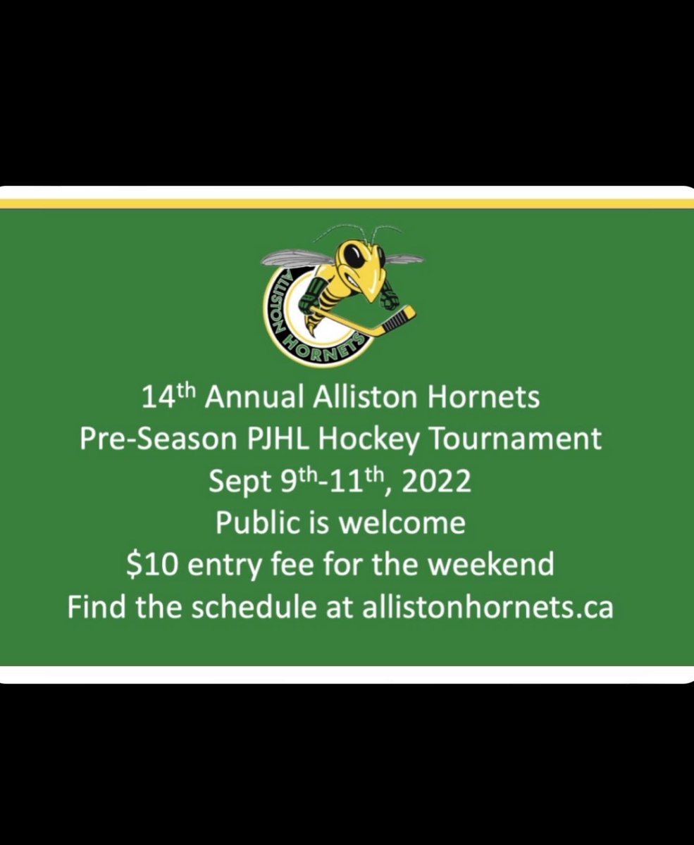 PJHLTerriers's tweet photo. The Terriers are off to Alliston tomorrow to compete in the 14th Annual Allison Hornets
Pre-Season PJHL Hockey Tournament
Sept 9-11 2022
Public is welcome
$10 entry fee for the weekend
Find the schedule at https://t.co/elUjWhokr2
#letsgoterriers #orilliaterriersjrc #pjhl https://t.co/OkJ4iuaZbe