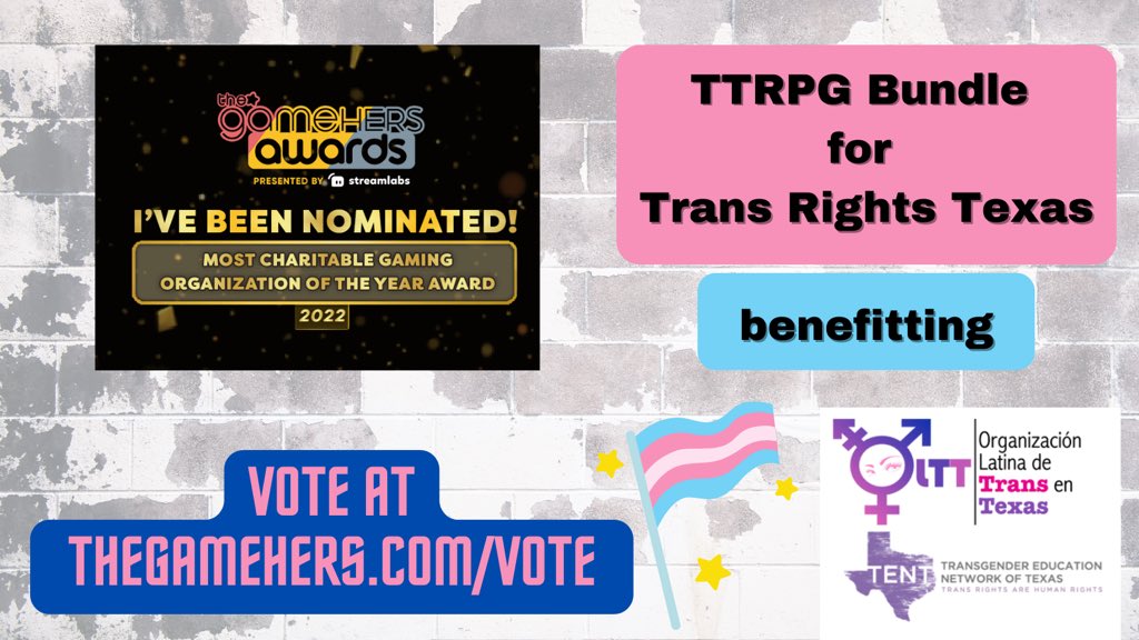 Megasoma_Mars's tweet photo. The TTRPG Bundle for Trans Rights Texas has been nominated for an award!
Iโm honored that my game, Paratype can be a part of this :)
#gamehersawards #gamehers #ttrpgcommunity #ttrpg https://t.co/R90iyvSVFz