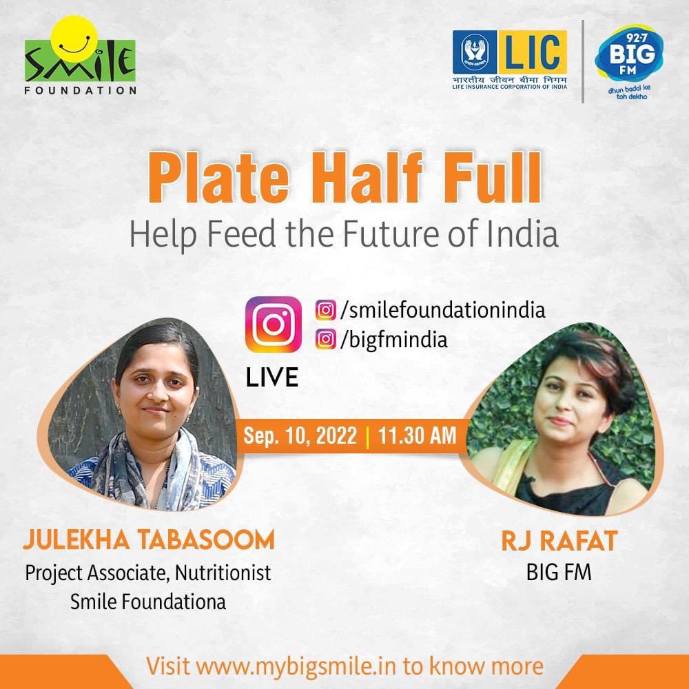 smilefoundation's tweet photo. Watch us LIVE on Instagram tomorrow, on the 11th of September, at 11.30 AM on the Instagram pages of @smilefoundation and @bigfmindia as we talk about the importance of nutrition for the healthy development of children.
#PlateHalfFull
https://t.co/lbd0OEJKCZ https://t.co/bf3DsB1V2i