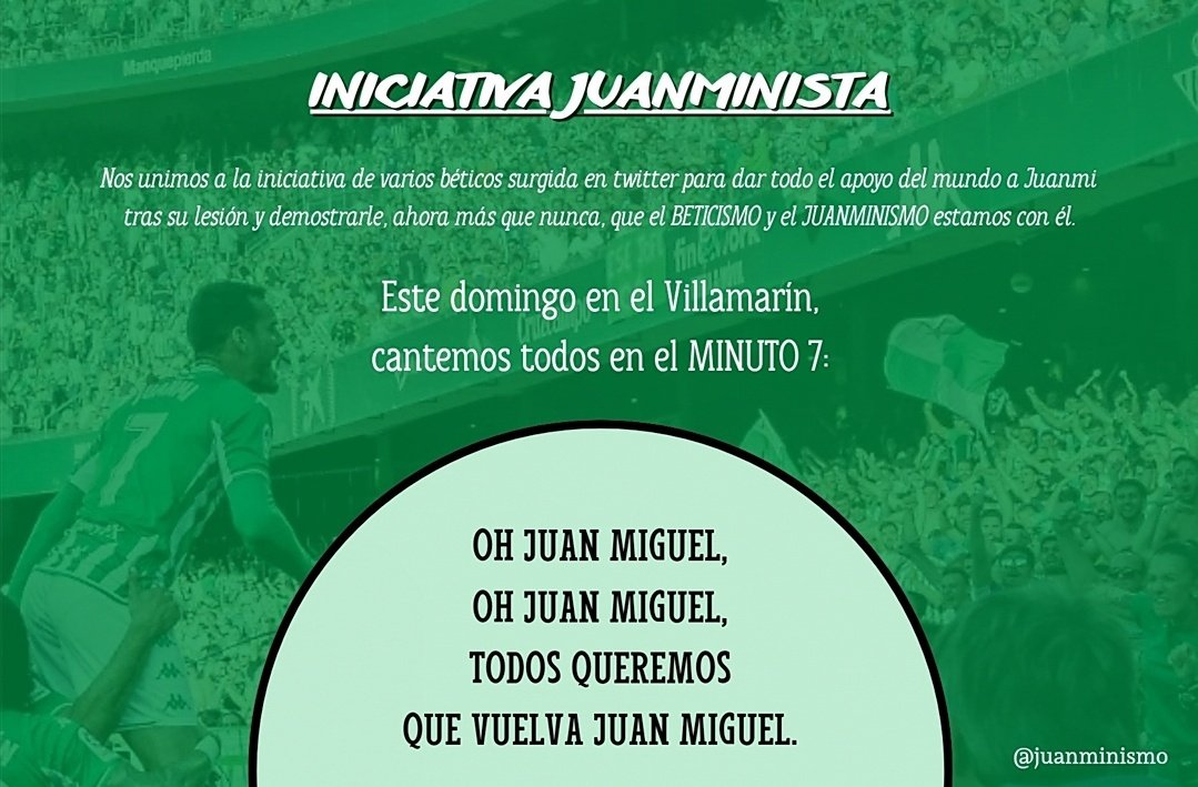 💚7⃣ CANTEMOS EN EL MINUTO 7.

🙏🏻 Nos unimos a la iniciativa para dar apoyo a <a href="/juanmi9395/">Juanmi Jiménez</a> el próximo domingo en el Villamarín.

👉🏻 Comparte y difunde para que llegue a todo el beticismo

#TodosQueremosQueVuelvaJuanMiguel