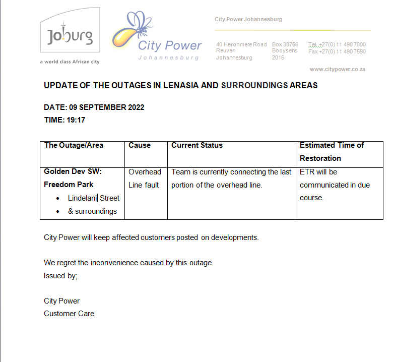 CityPowerJhb's tweet photo. #JoburgUpdates #GoldDevOutage
Team is busy attending to power outage affecting #Lindelani and the surrounding.^LP https://t.co/FLuTvxmsvW