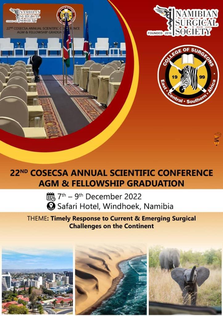 COSECSA in collaboration with Namibian Surgical Society will be hosting the 22nd COSECSA Scientific Conference on 7-9 Dec 2022 at Windhoek, Namibia. The abstracts submission window is now open. Submit before 28th October 2022. Submission Link: bit.ly/3ye7GWK