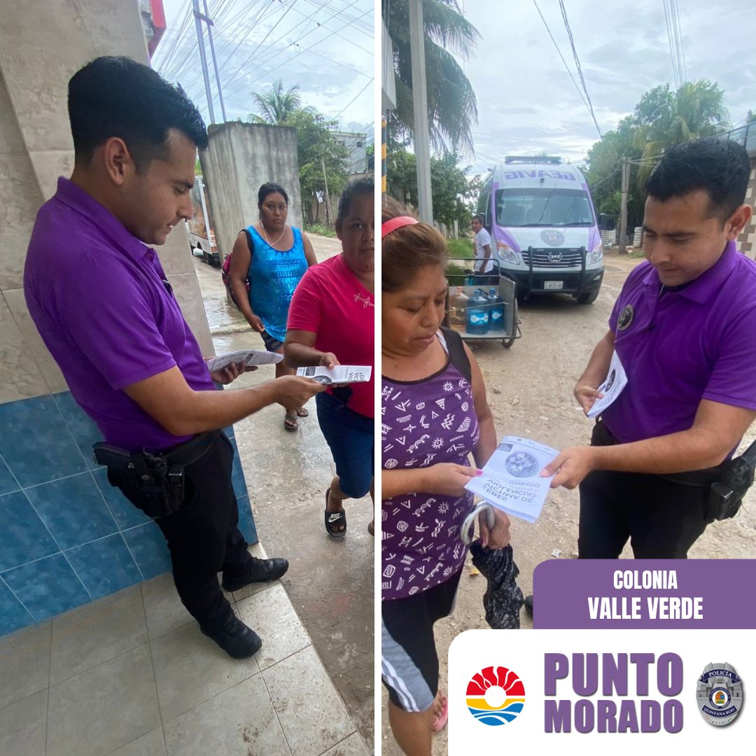 PoliciadeCancun's tweet photo. 🟣👮Oficiales del Grupo #GEAVIG brindan información a los ciudadanos en el módulo del #PuntoMorado.
En este momento se encuentran en la Colonia Valle Verde.
Estamos comprometidos con #ServiryProteger 🚓 https://t.co/KsUD7aHyWK