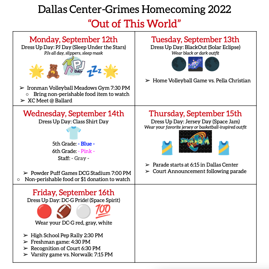 DCGMS's tweet photo. Here are the Homecoming Dress Up days for the middle school next week. https://t.co/dHCICeOJ9z