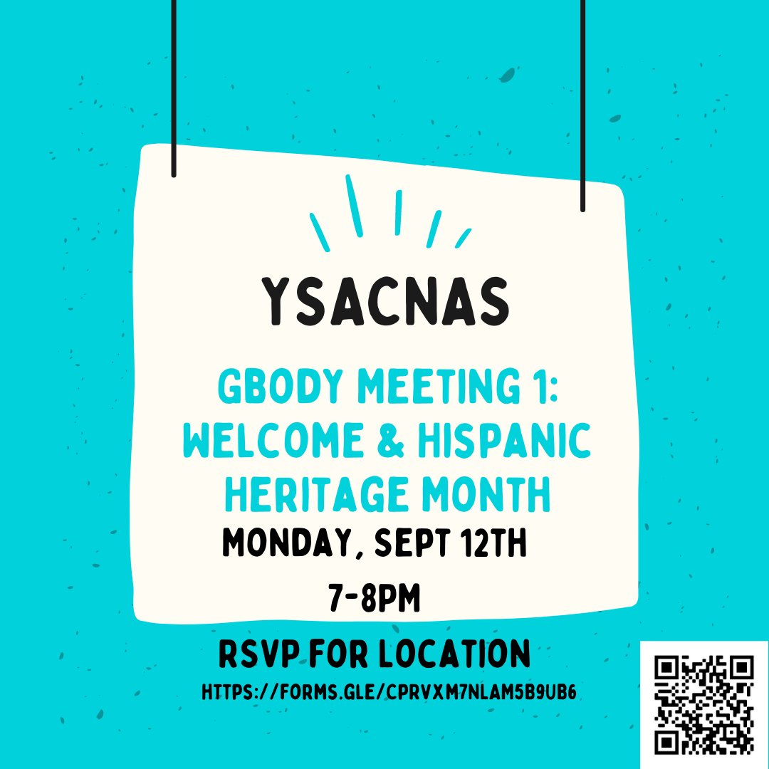 YSACNAS's tweet image. Join YSACNAS for our first General Body Meeting of the year! On Monday, 9/12, 7-8PM. 
In our first Gbody meeting of the semester, we will meet the 2022-2023 Eboard, and discuss upcoming initiatives, events, and structural updates.

RSVP: forms.gle/CpRvxm7NLAM5B9…