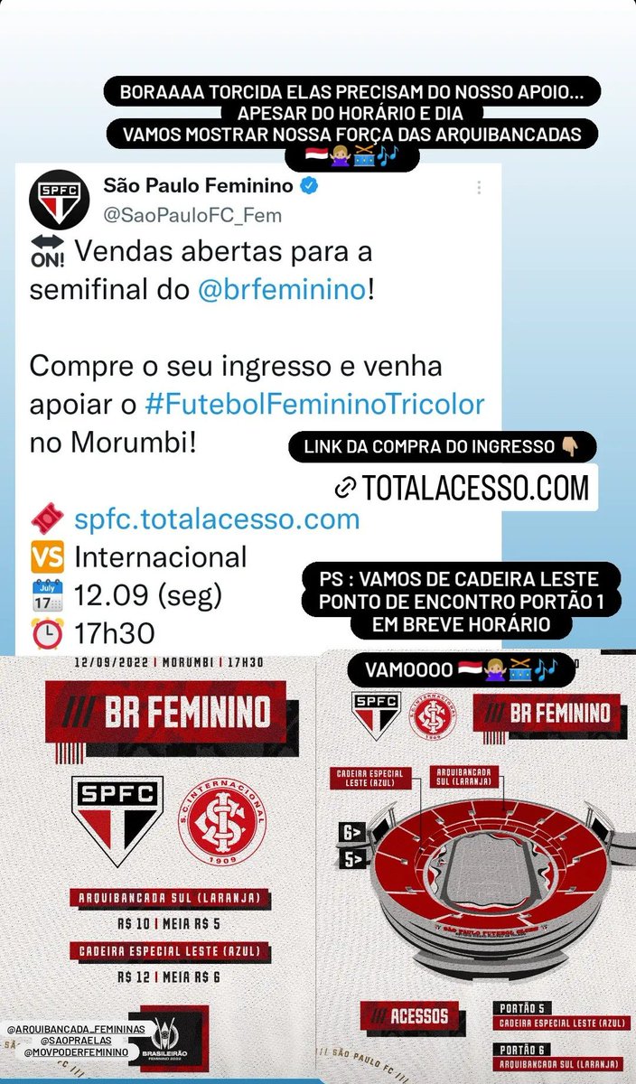 andressamello89's tweet photo. Vamosss nessa Torcidaaaa 🤜🏼🤛🏼

16h portão 1 nosso ponto de encontro
16h30 Partiu portão 5 cadeira leste (azul)

Vamoooo🇾🇪😍🥁🙌🏼
@arquibancadafe 
@poderfemininosp 
@SaoPraElas 
@lizzboe 
@luispacca_ 
@biigoes 
@SaoPauloFC_Fem https://t.co/syGidszANI