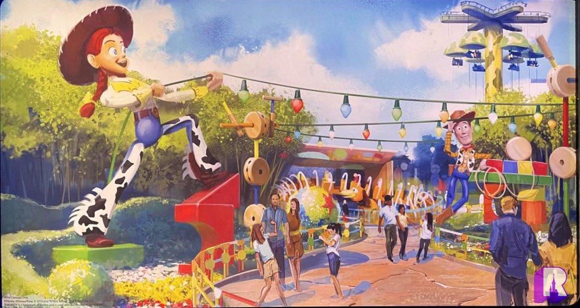 ⚠️ Closer look at concept art for the new entrance to Toy Story Playland as part of the Walt Disney Studios Park expansion. 
This side will feature Woody and Jessy and be located off the main avenue, at the Tower of Terror level: