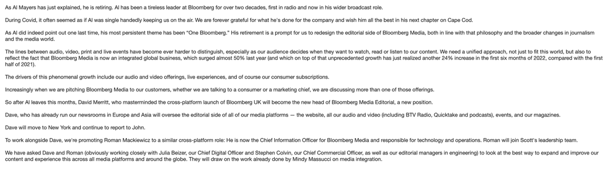 BenMullin's tweet photo. Big editorial re-org at Bloomberg Media today. The headline is that Al Mayers, who led Bloomberg's global TV division, is out. Here's the full memo from Scott Havens and John Micklethwait (it's a whopper). https://t.co/dSzQl2pnqi