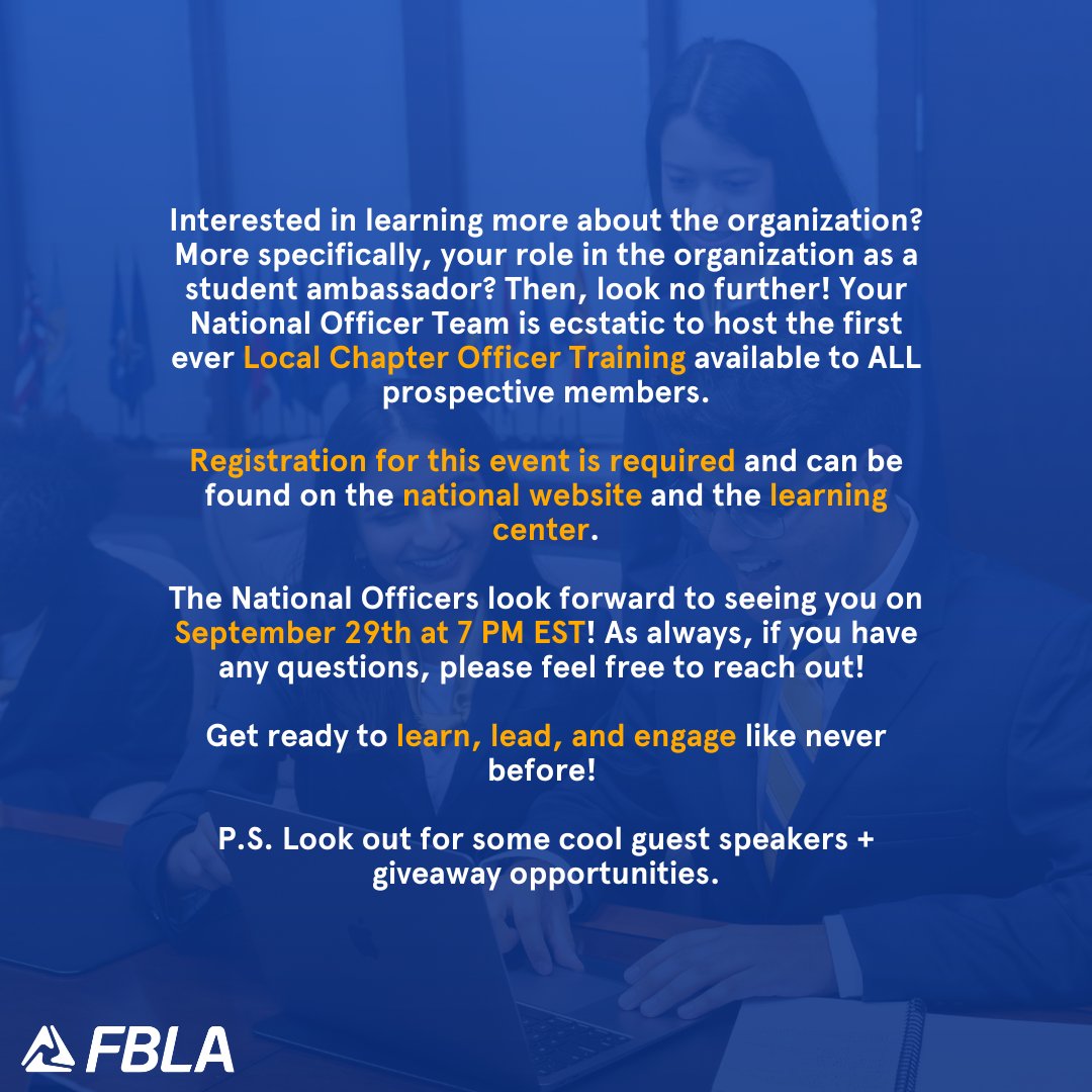 🚨 Calling all local chapter officers! Join your national officer team for this year's local chapter officer training webinar on September 29. Registration link in bio! 🚨