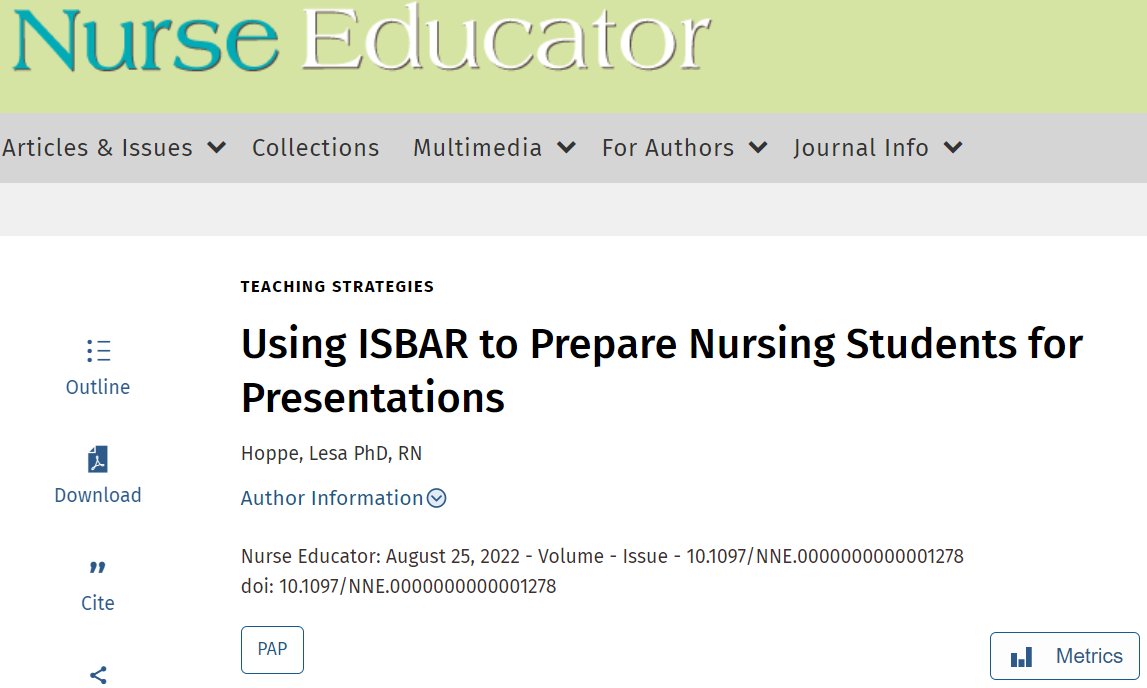 NEjournalonline's tweet photo. #TeachingStrategies "Using ISBAR to Prepare Nursing Students for Presentations"

New #pedagogical strategies are needed to help students #scaffold previous coursework and experiences.

https://t.co/MVJ6E78hWL https://t.co/IwtrPPvz8l