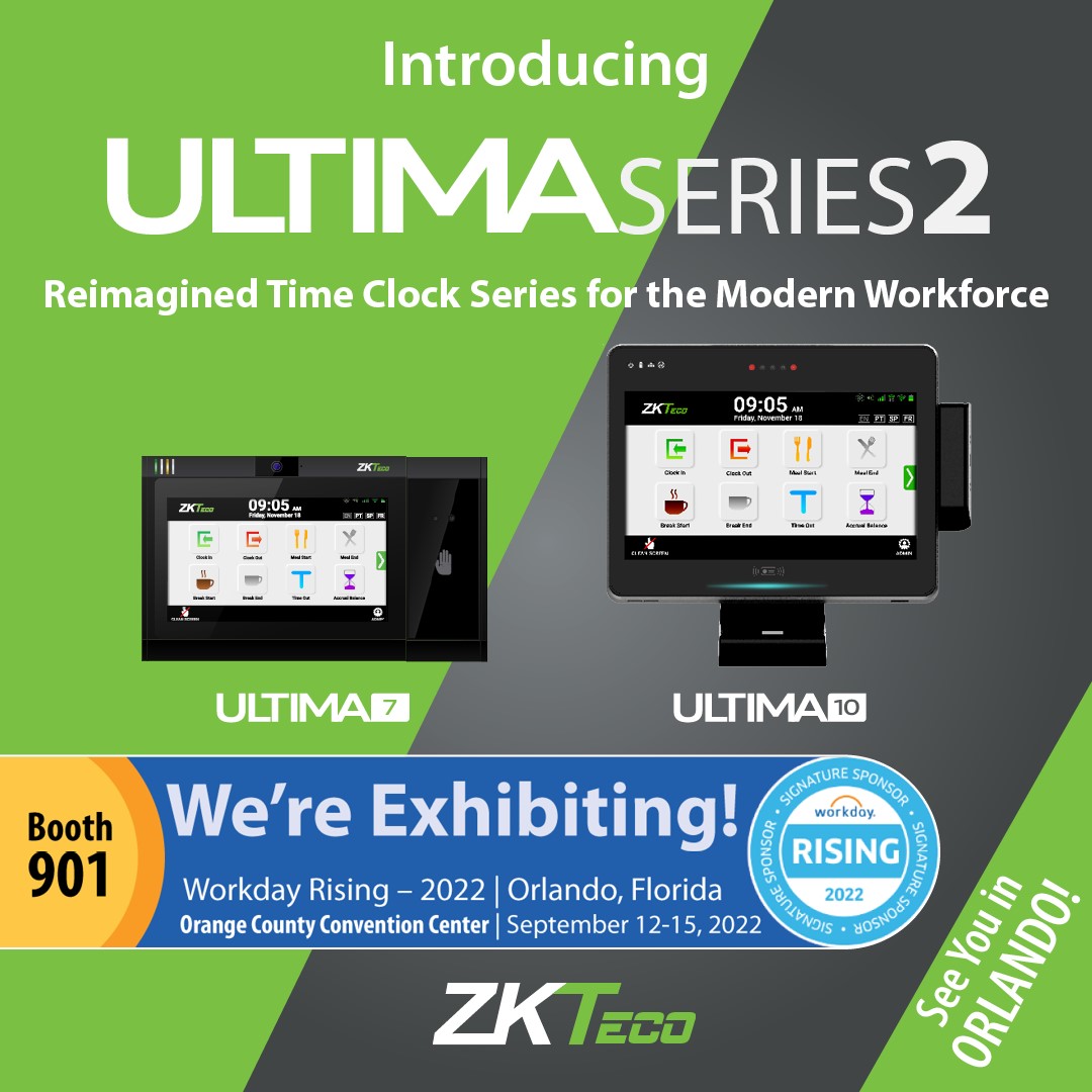 ZKTeco_WFM's tweet image. We&apos;re looking forward to introduce our re-imagined Ultima Series 2, 7 &amp;amp; 10-inch Time clocks that are integrated with Workday Workforce Management  at #WDAYRising  
#workdayhcm #workdayCommunity #workdayintegrations#Workday