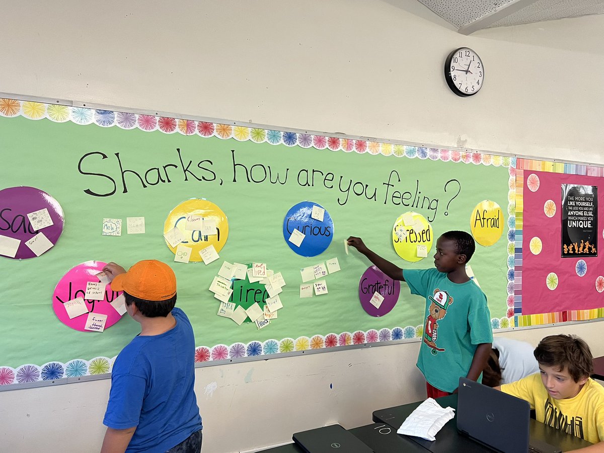 Connection time with my 6th grade Virtual Reality class. We spent some quiet thoughtful time considering how they felt and then, if they felt comfortable, they posted their feelings on our “Sharks, how are you feeling?” wall?<a href="/VIDASHARKS/">VIDA (6-8 Magnet)</a> #WeAreVida
