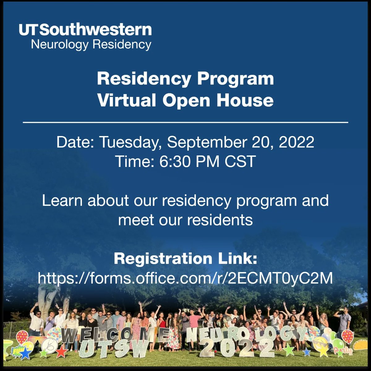 UTSW_NeuroRes's tweet photo. We invite all neurology residency applicants to join us for a Virtual Open House on September 20th, 2022! 🧠

Learn more about our residency program and get to know some of our current residents. Register via the link (see last image for QR code) @NMatch2023 #NeuroTwittter https://t.co/c7fzN6ms52