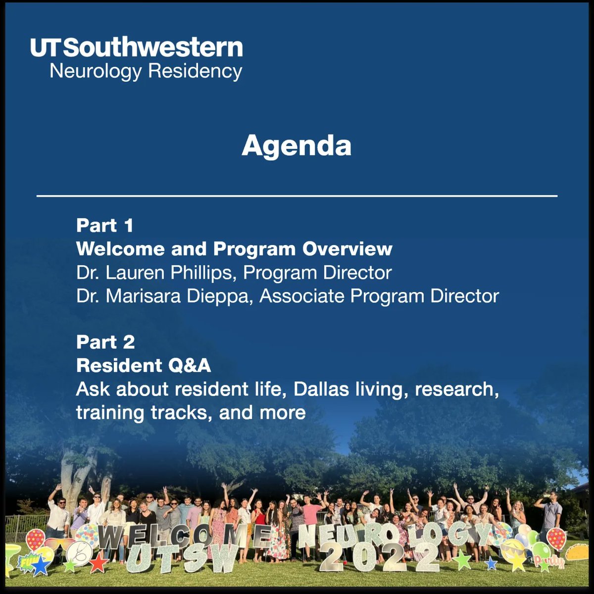 UTSW_NeuroRes's tweet photo. We invite all neurology residency applicants to join us for a Virtual Open House on September 20th, 2022! 🧠

Learn more about our residency program and get to know some of our current residents. Register via the link (see last image for QR code) @NMatch2023 #NeuroTwittter https://t.co/c7fzN6ms52