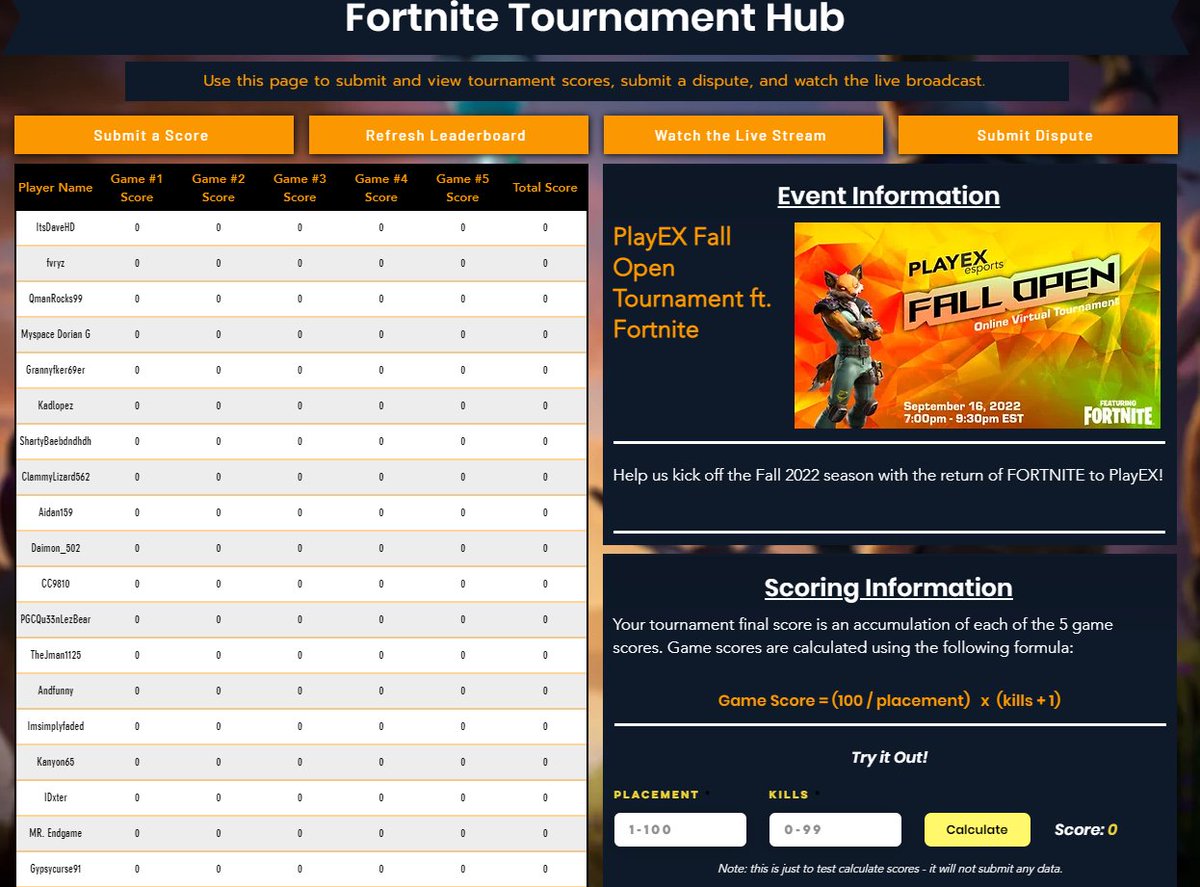 PlayEXesports's tweet photo. Our new tournament hub page is ready to roll for our Fall Kickoff Tournament NEXT FRIDAY! Who else has something like this?! #playex #esports #gaming #fortnite https://t.co/9Z18ekwZWI