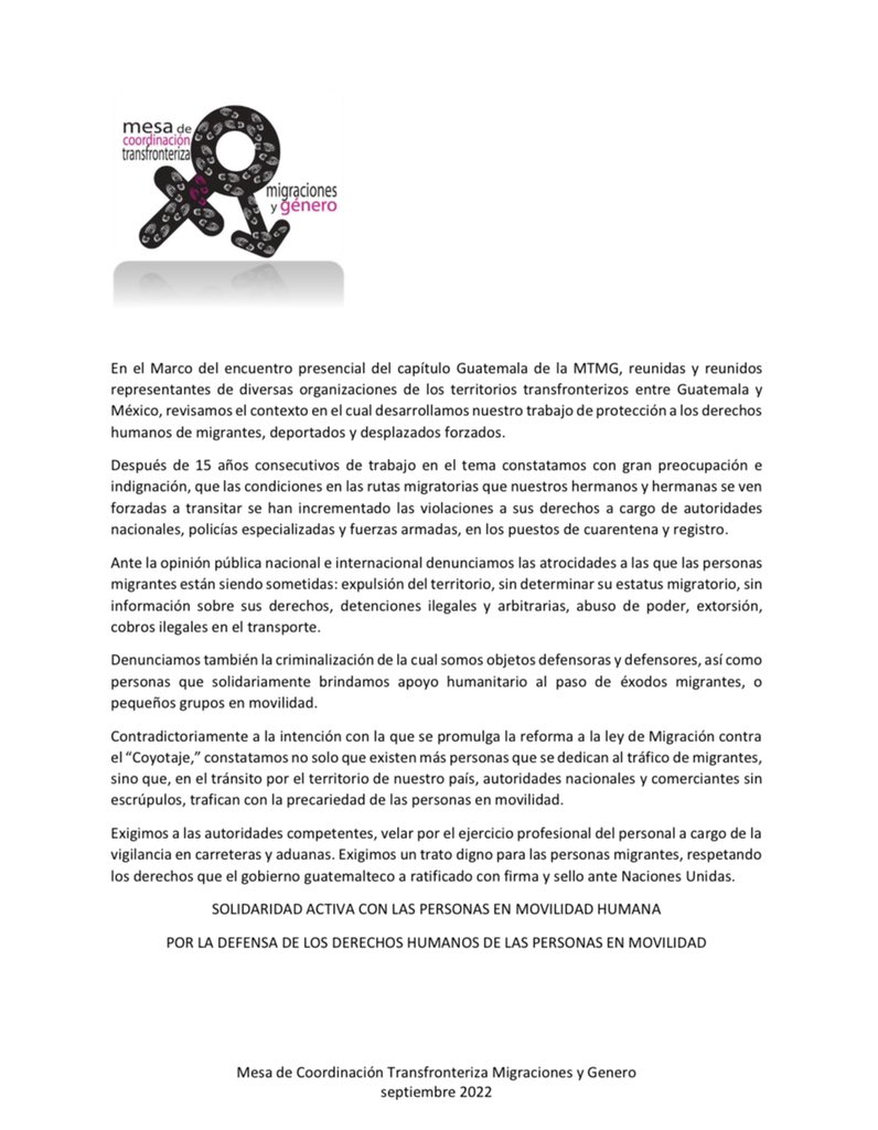 _MTMG's tweet photo. En el marco del encuentro del Capítulo Guatemala de la MTMG: 

➡️Denunciamos las atrocidades a las que las personas en contextos de movilidad humana están siendo sometidas

#MigrarEsUnDerecho
#NingunaPersonaEsIlegal https://t.co/WU0zOgMxjA