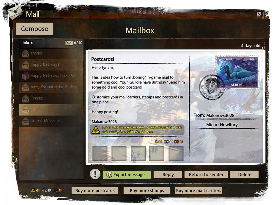 _MrMakarow_'s tweet photo. I think #GuildWars2 Mail System ✉️ needs a rework, so here are my ideas for improvements, gamification and non-invasive cosmetics. Included "export" message mode, so you can save received inbox messages on drive or print them. 💾🖨️🖼️

Full Design Document: https://t.co/B0ojoU9eHz https://t.co/PbfLN8BPhs
