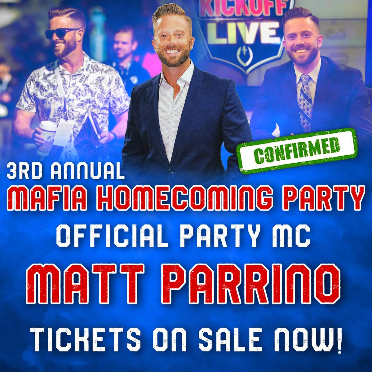 mafiahomecoming's tweet photo. We are excited to announce that #Bills reporter @MattParrino will be the official MC of the Mafia Homecoming Party hosted by Eric Wood on October 7th!! 

Buy tickets here🎟️ 
https://t.co/wW0ekUnVaB

Promo code: Use MCParrino for 10% off until 9/11

#BillsMafia #mafiahomecoming https://t.co/INqzweBUsC