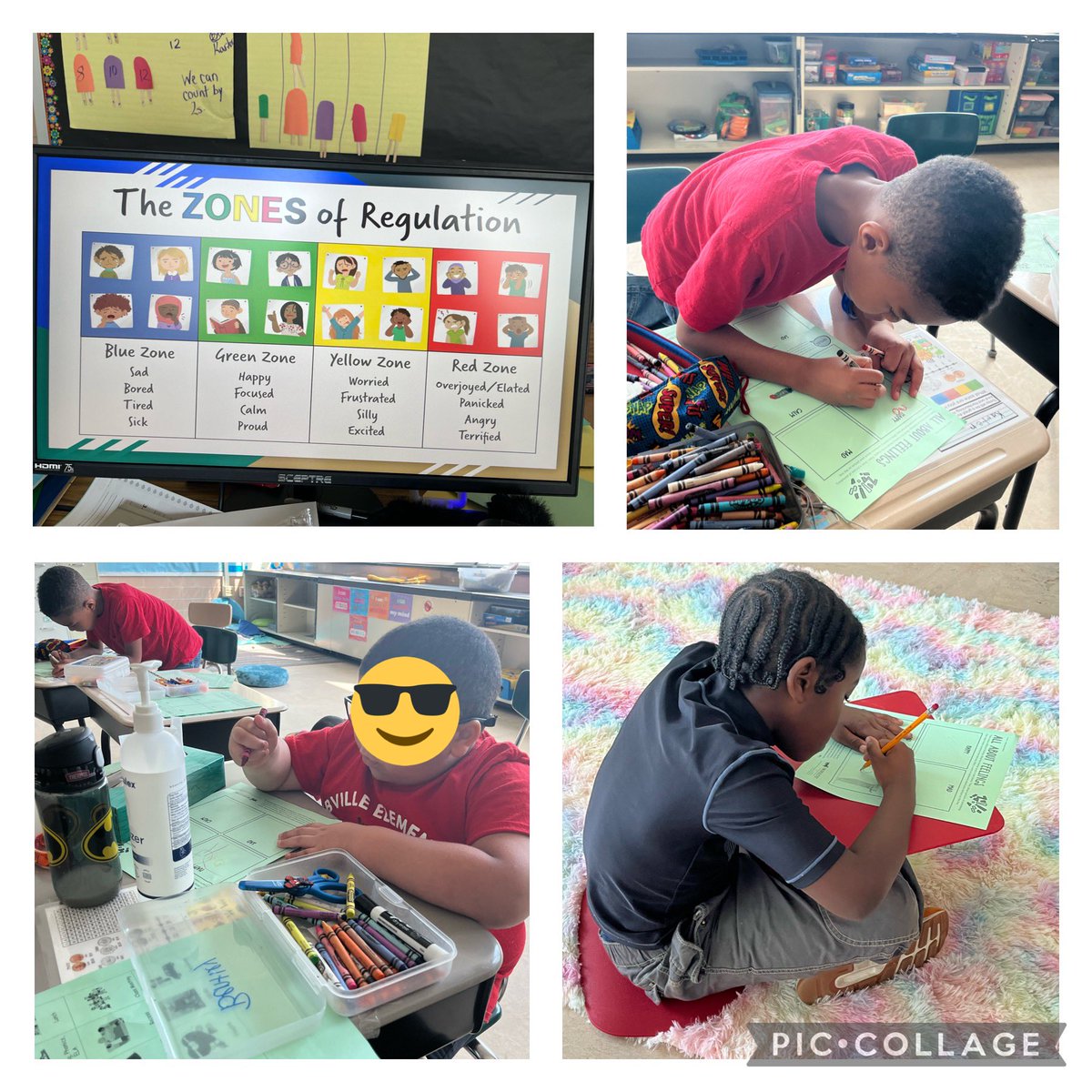 NYounger3's tweet photo. In our primary SEL lesson students learned about emotions!!! Check out how focused & detailed we were drawing ourselves in different zones! #zonesofregulation #sel #socialworking @BCPS_SSW @HebbvilleES https://t.co/wwche10HeZ