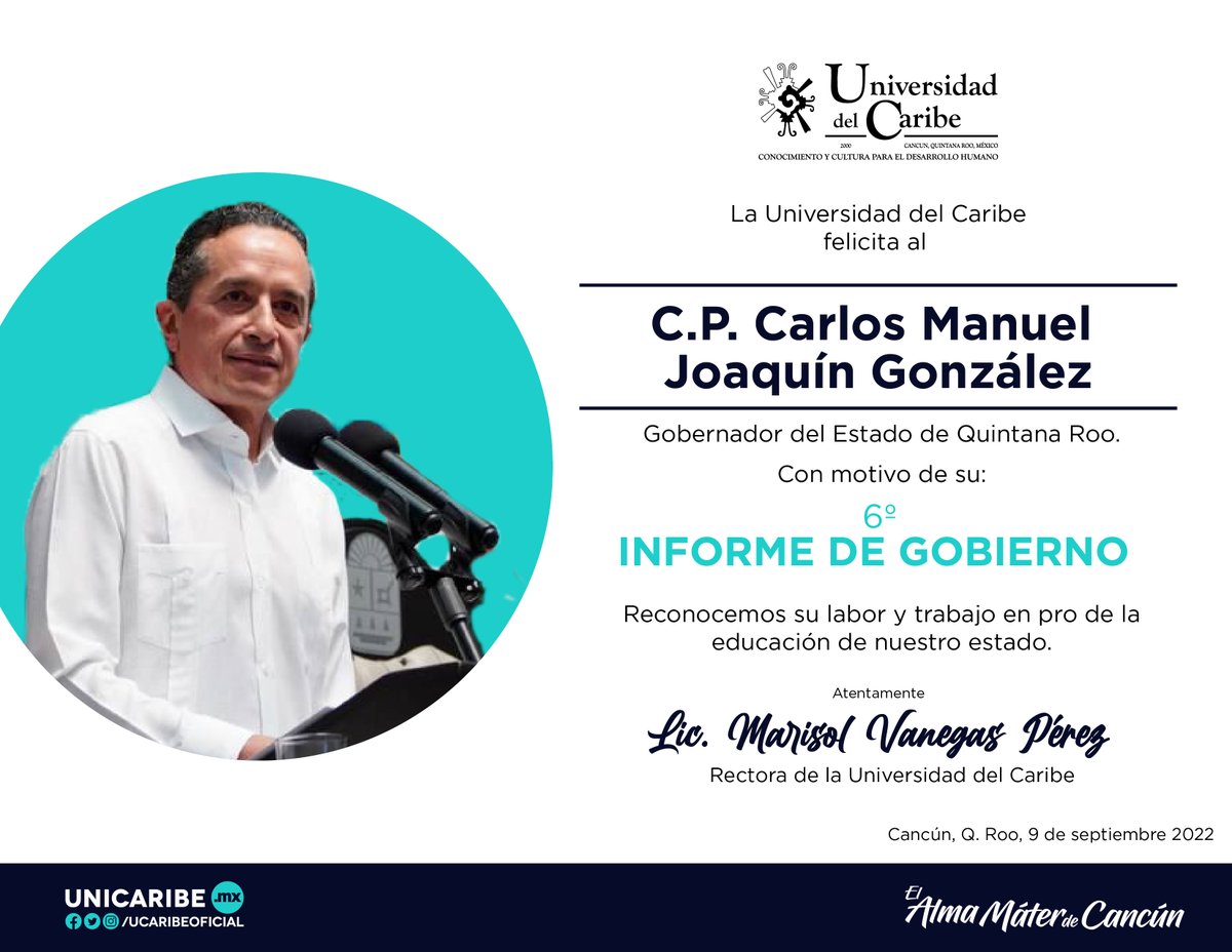 UcaribeOficial's tweet photo. Felicitamos al Gobernador de Q. Roo, C.P. @CarlosJoaquin, con motivo de su #6oInforme de Gobierno. ¡Enhorabuena! https://t.co/JKsWeuSdLU