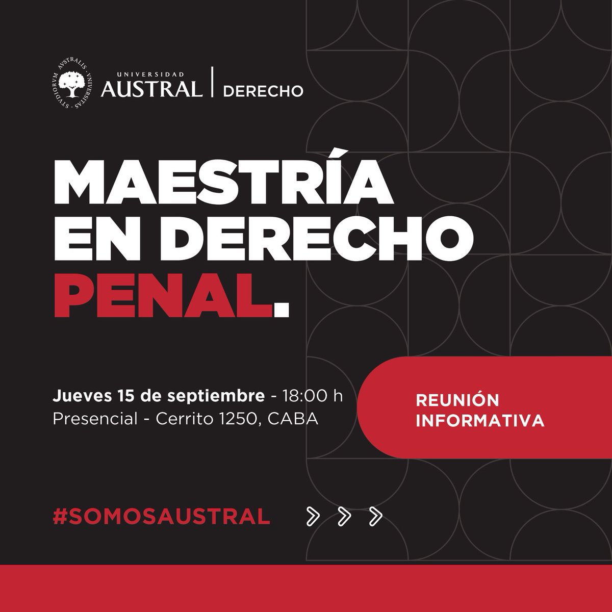 *Reunión informativa | Maestría en Derecho Penal 2023*
 
*Fecha:* jueves 15 de septiembre
*Horario:* 18:00 h (GMT-3)
*Modalidad:* Presencial, Sede Cerrito 1250, CABA.
 
*Más información:*
Julieta Fornek
bit.ly/3L2mrkg