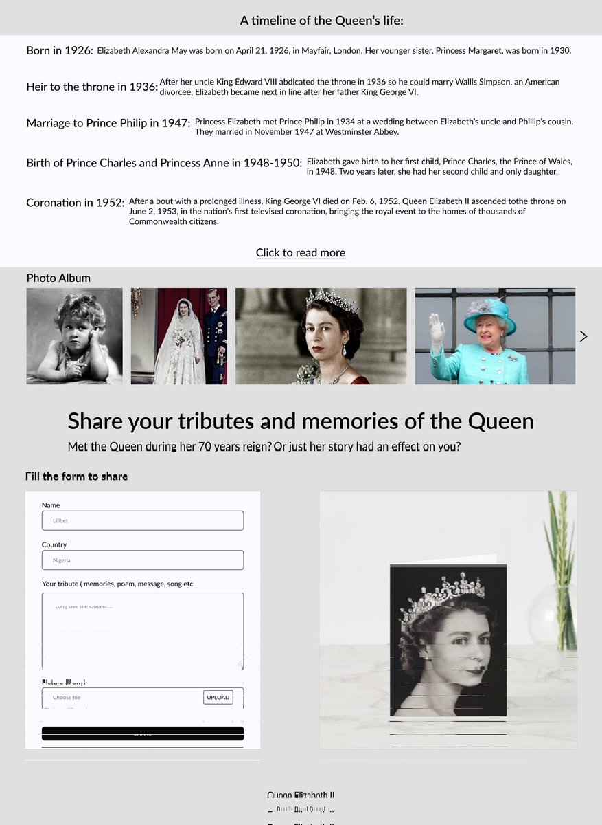 Aminat Kehinde Akande (@kenakand) on Twitter photo Day22:Design a tribute Landing Page for the late Queen Elizabeth II (Make it simple)
<a href="/IMTConf/">Influencers Meet Tech #IMTConf22</a>
<a href="/Ingressive4Good/">Ingressive for Good</a>
#I4G30DaysOfDesign #IMTConf22 #Day22 Day22:Design a tribute Landing Page for the late Queen Elizabeth II (Make it simple)
<a href="/IMTConf/">Influencers Meet Tech #IMTConf22</a>
<a href="/Ingressive4Good/">Ingressive for Good</a>
#I4G30DaysOfDesign #IMTConf22 #Day22