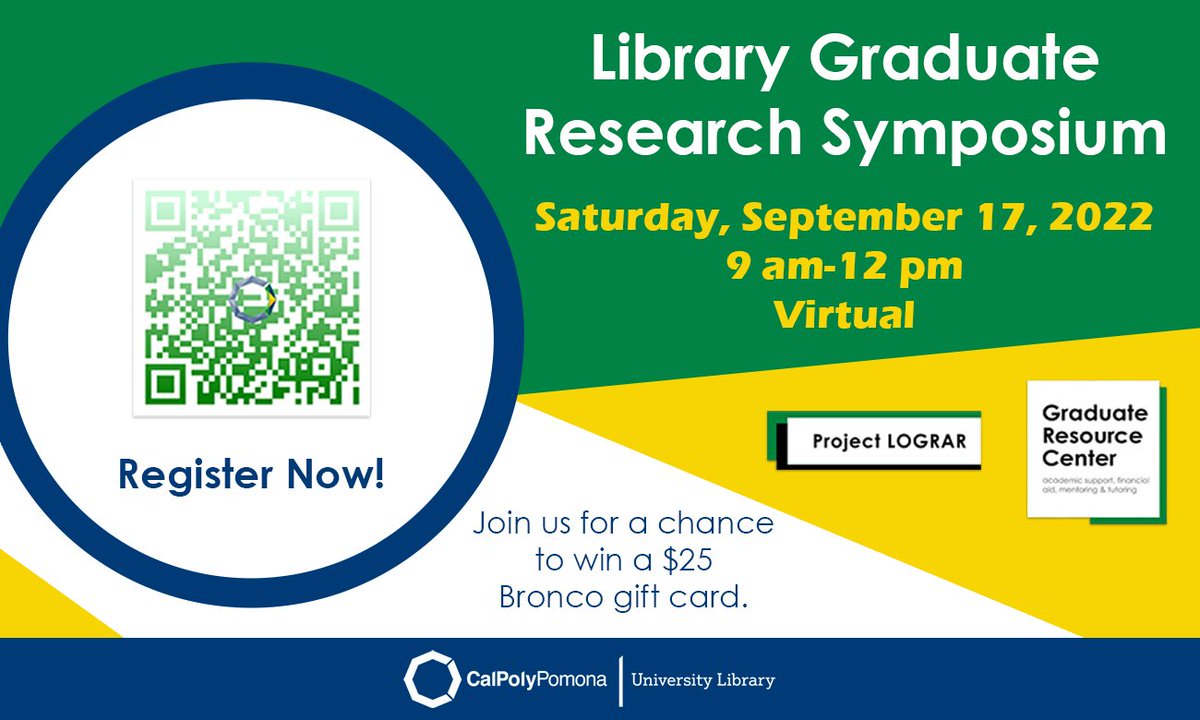 cpplibrary's tweet image. Graduate students - join the library for the virtual Library Graduate Research Symposium to strengthen your knowledge and skills as researchers and scholars. Register here for the Saturday, September 17, 2022, symposium: cpp.libcal.com/event/9482271