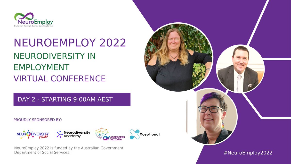 Day 2 of NeuroEmploy 2022 is kicking off with today's theme 'Individuals and Employees' featuring <a href="/tess_moodie/">𝗧 𝗠𝗼𝗼𝗱𝗶𝗲 🏳️‍🌈✊🧙‍♀️🖤</a> , <a href="/yennpurkis/">Yenn Purkis</a>, Will Wheeler, Berinda Karp &amp; Tasmin Jowett from <a href="/AspergersVic/">Aspergers Victoria</a>. Join in the discussion via #NeuroEmploy2022 
lnkd.in/gRxHRsix #neurodiversity