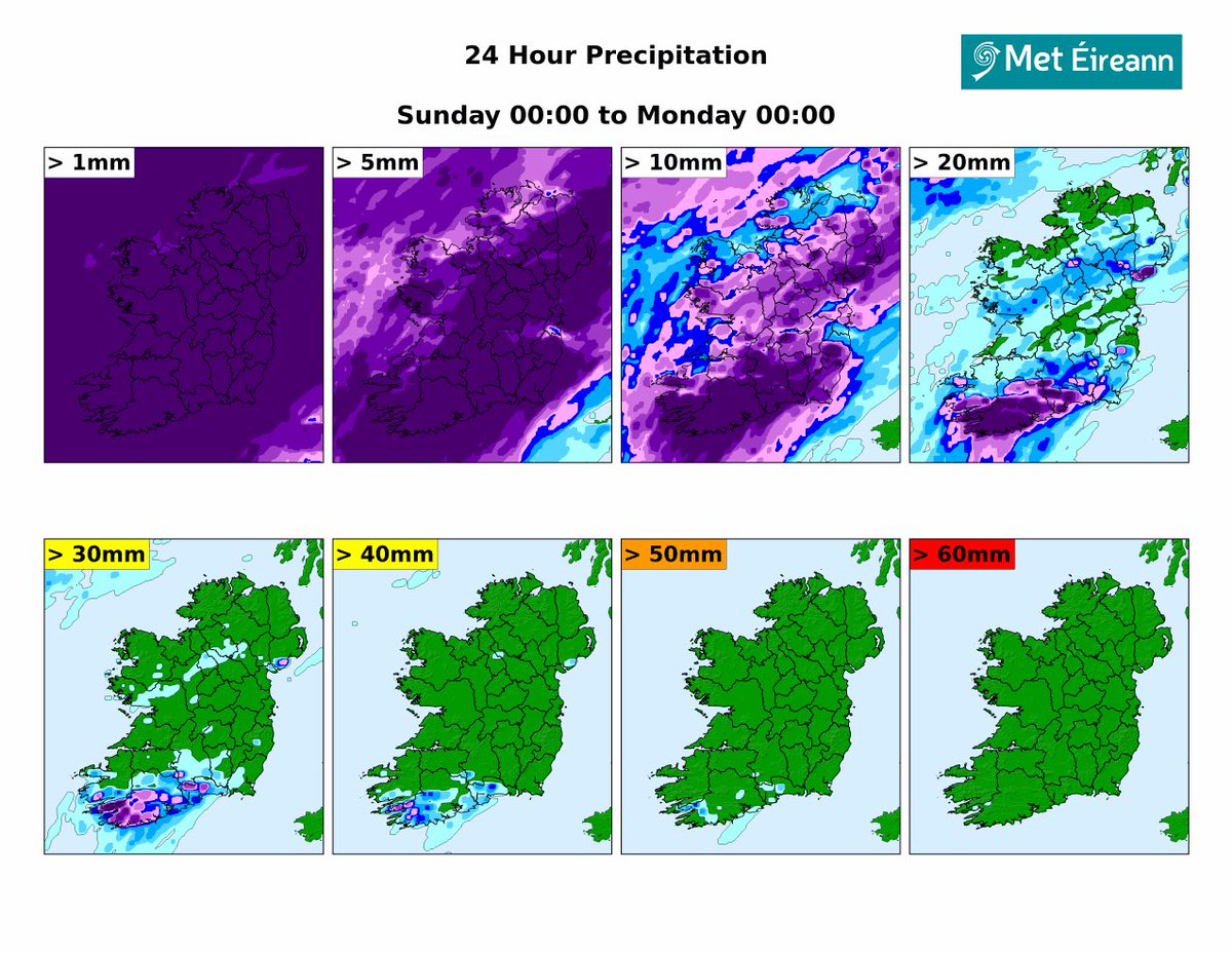 CarlowWeather's tweet photo. Latest Met Éireann ensembles show over 20mm likely in the South Sunday and even over 30mm possible near South coast. https://t.co/3QmvBg9FDk