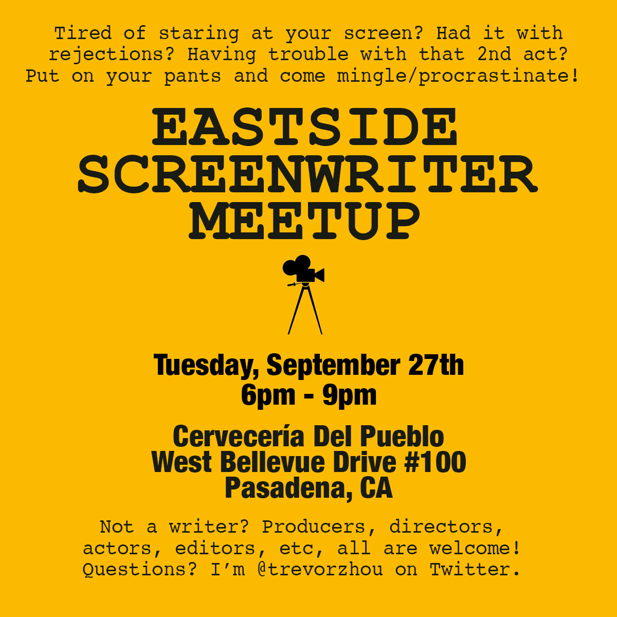 I'm having a local Eastside #screenwriter meetup at the end of Sept! Would love to meet some of you locals out here and hear about your WIPs. Please drop a comment if you plan on coming so I can give the venue an approx number. Feel free to share! #screenwritingtwitter #amwriting
