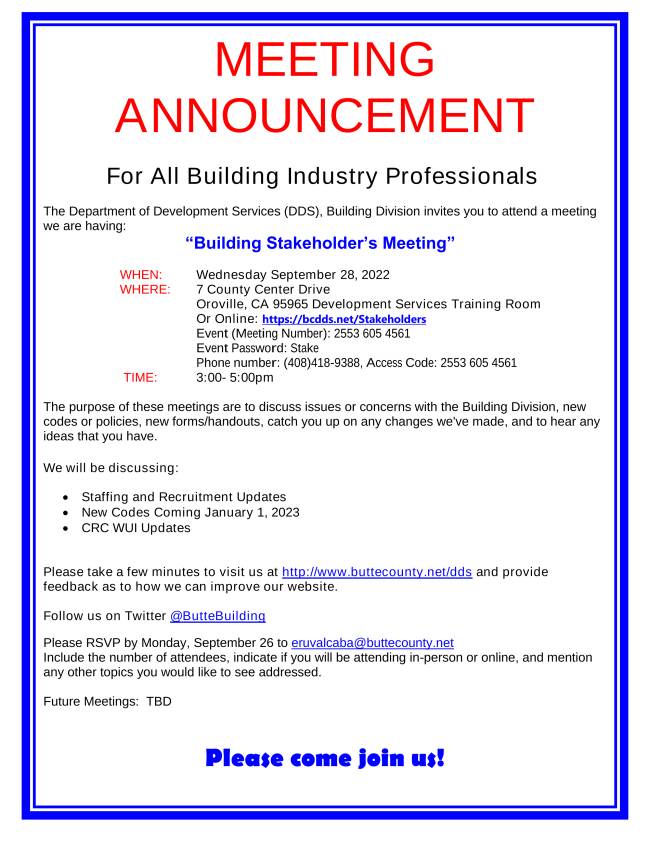 ButteBuilding's tweet photo. Save the Date.  The Butte County Building Division will be holding a stakeholders meeting to discuss new codes and answer all of your building permit questions. Join us Wednesday September 28th.  Please RSVP to eruvalcaba@buttecounty.net  
https://t.co/su24xYdKPR https://t.co/MGEYEIsKj4