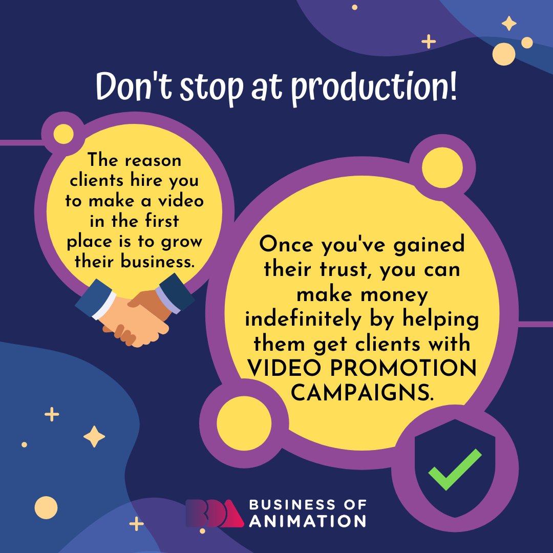 animationbiz's tweet photo. Don't stop at production!
The reason clients hire you to make a video in the first place is to grow their business. Once you've gained their trust, you can make money indefinitely by helping them get clients with VIDEO PROMOTION CAMPAIGNS.
#AnimationPromotion https://t.co/HEULf6CHbe