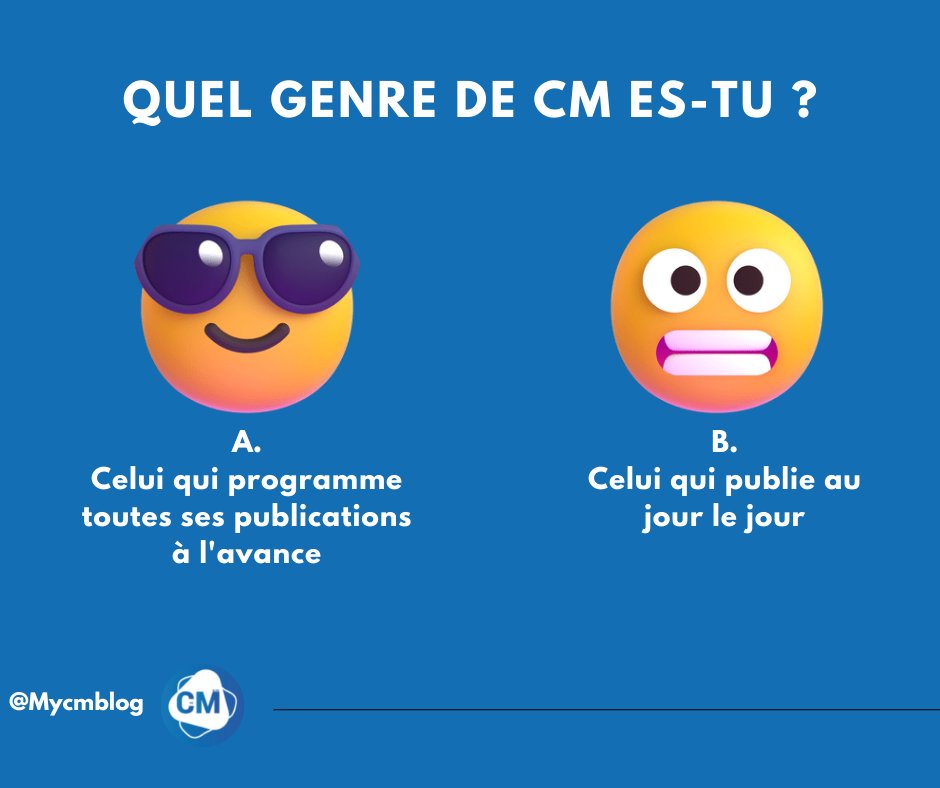 #CMthings 

Il y a 2⃣ types de community manager :

A-Celui qui programme ses publications à l'avance 
B-Celui qui publie selon son inspiration 

Lequel es-tu cher CM ? Dis le nous en commentaire 😉

#MyCMblog #CommunityManagement #RéseauxSociaux #Digital